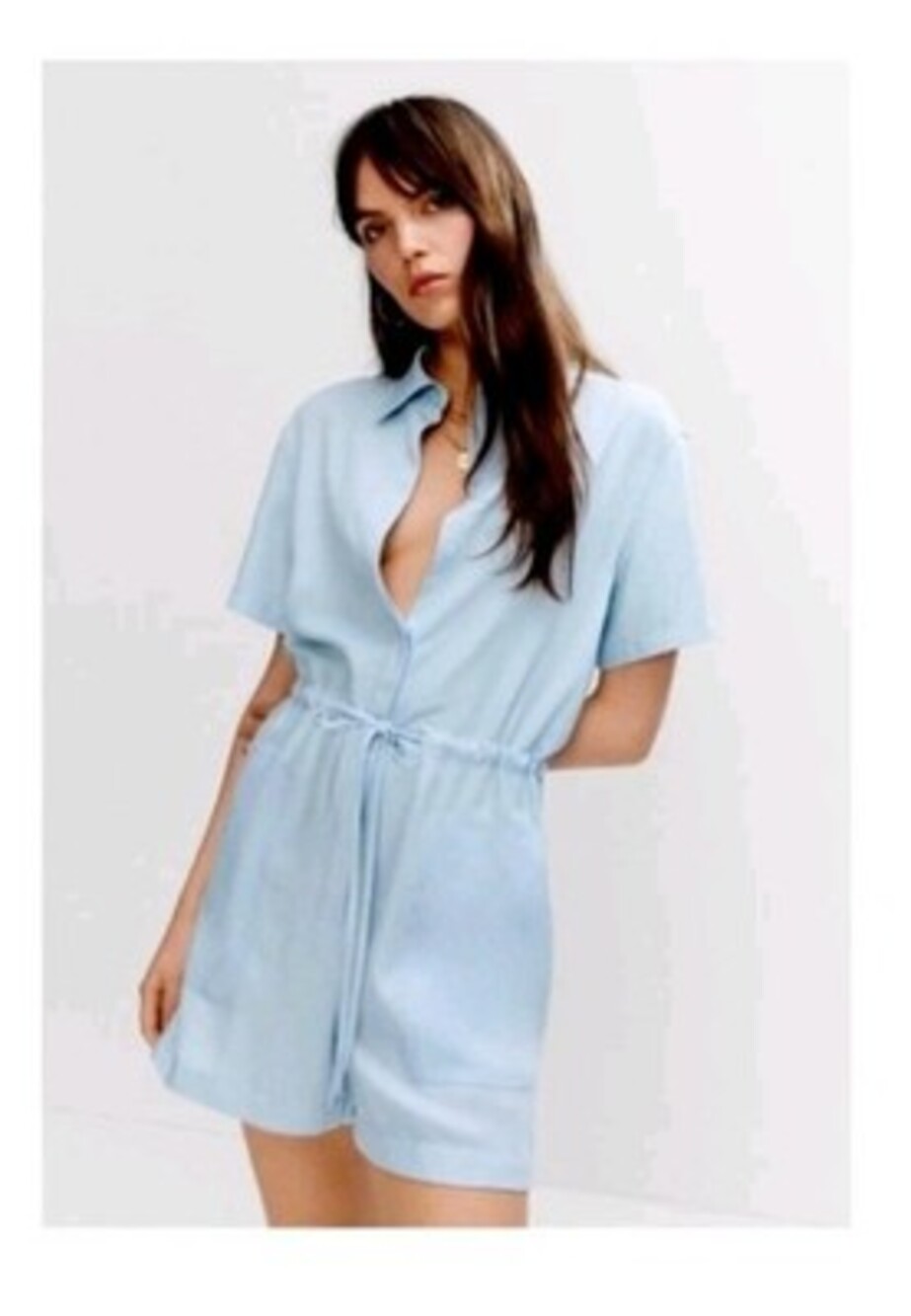 MANGO Romper Women Size M Short Sleeve Jumpsuit Light Blue Lyocell V Neck Romper